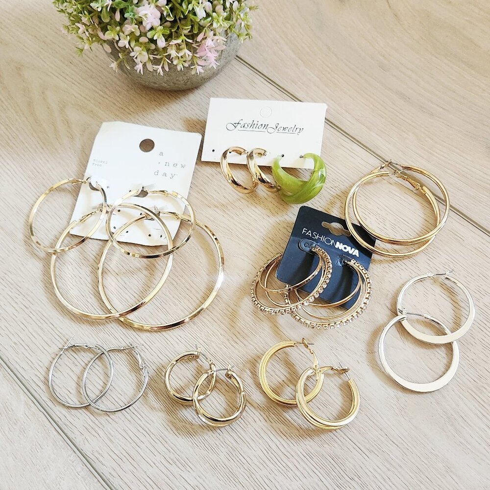 Fashion Hoop Earrings Large Statement Gold Tone Bundle 10 Pairs